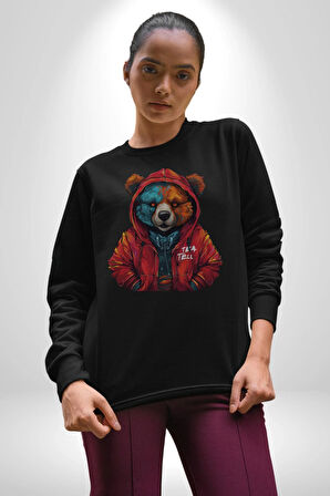 Kırmızı Hoodie Ayı  Kadın Erkek  Siyah Baskılı Sweatshirt 