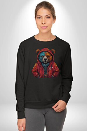 Kırmızı Hoodie Ayı  Kadın Erkek  Siyah Baskılı Sweatshirt 