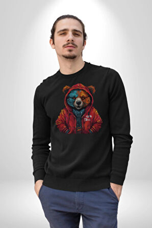Kırmızı Hoodie Ayı  Kadın Erkek  Siyah Baskılı Sweatshirt 