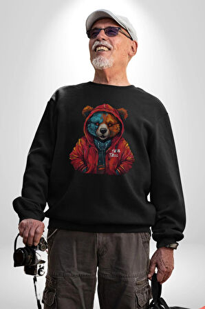 Kırmızı Hoodie Ayı  Kadın Erkek  Siyah Baskılı Sweatshirt 