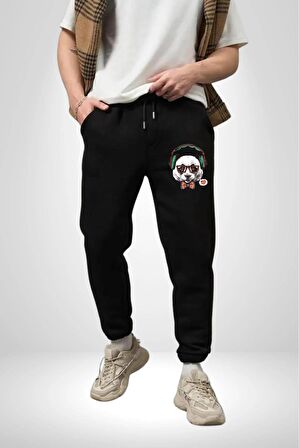 Kulaklıklı Hipster Portre Panda Pamuklu 3 İplik Siyah Eşofman Altı Erkek Oversize Kesim Dijital Baskılı