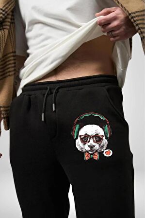 Kulaklıklı Hipster Portre Panda Pamuklu 3 İplik Siyah Eşofman Altı Erkek Oversize Kesim Dijital Baskılı