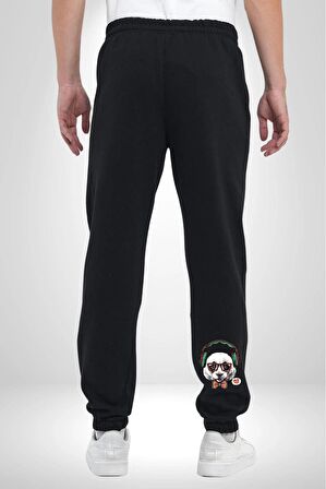 Kulaklıklı Hipster Portre Panda Pamuklu 3 İplik Siyah Eşofman Altı Erkek Oversize Kesim Dijital Baskılı