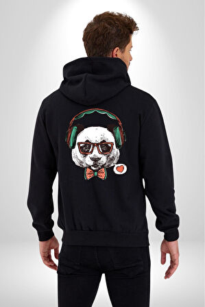 Kulaklıklı Hipster Portre Panda Kadın Erkek Siyah Renk Kapüşonlu Kanguru Cepli  Fermuarlı Pamuklu Oversize Dijital Baskılı Hırka Sweatshirt