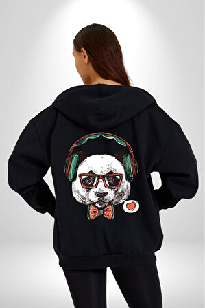 Kulaklıklı Hipster Portre Panda Kadın Erkek Siyah Renk Kapüşonlu Kanguru Cepli  Fermuarlı Pamuklu Oversize Dijital Baskılı Hırka Sweatshirt
