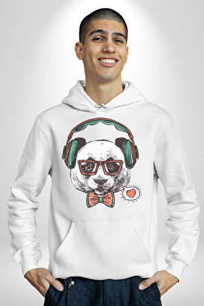 Kulaklıklı Hipster Portre Panda Kadın Erkek  Beyaz Kapüşonlu Sweatshirt Hoodie