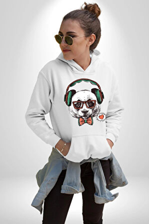 Kulaklıklı Hipster Portre Panda Kadın Erkek  Beyaz Kapüşonlu Sweatshirt Hoodie