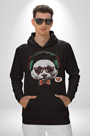 Kulaklıklı Hipster Portre Panda Kadın Erkek  Siyah Kapüşonlu Sweatshirt Hoodie
