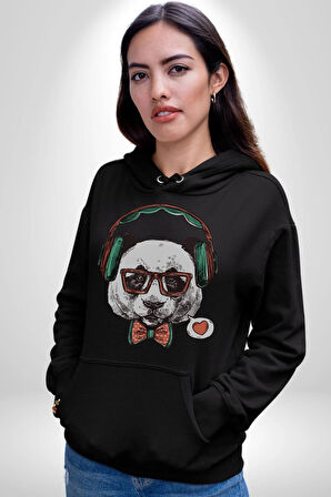 Kulaklıklı Hipster Portre Panda Kadın Erkek  Siyah Kapüşonlu Sweatshirt Hoodie
