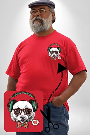 Kulaklıklı Hipster Portre Panda Kırmızı Büyük Beden Kadın Basic Minimal Baskılı Tişört