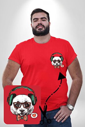 Kulaklıklı Hipster Portre Panda Kırmızı Büyük Beden Kadın Basic Minimal Baskılı Tişört