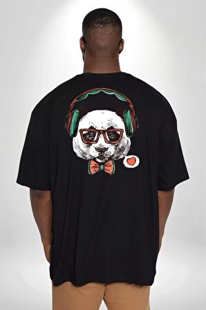 Kulaklıklı Hipster Portre Panda Büyük Beden Siyah Tişört Kadın Erkek Ünisex Sırt Baskılı