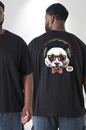 Kulaklıklı Hipster Portre Panda Büyük Beden Siyah Tişört Kadın Erkek Ünisex Sırt Baskılı