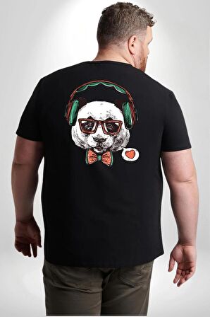 Kulaklıklı Hipster Portre Panda Büyük Beden Siyah Tişört Kadın Erkek Ünisex Sırt Baskılı