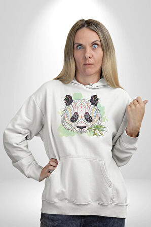 Panda Mandala  Kadın Erkek  Beyaz Kapüşonlu Sweatshirt Hoodie