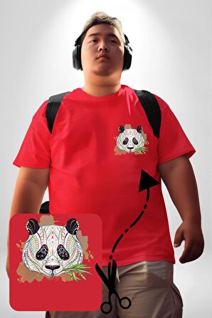 Panda Mandala  Kırmızı Büyük Beden Kadın Basic Minimal Baskılı Tişört