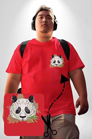 Panda Mandala  Kırmızı Büyük Beden Kadın Basic Minimal Baskılı Tişört