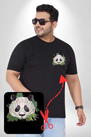 Panda Mandala  Siyah Büyük Beden Kadın Basic Minimal Baskılı Tişört