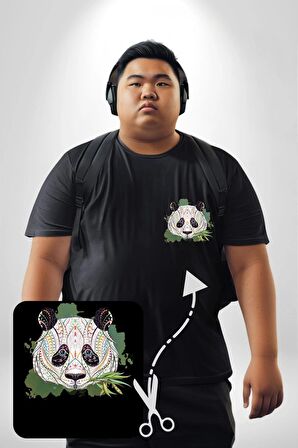Panda Mandala  Siyah Büyük Beden Kadın Basic Minimal Baskılı Tişört