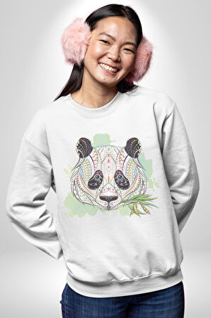 Panda Mandala  Kadın Erkek  Beyaz Baskılı Sweatshirt 