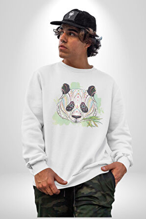 Panda Mandala  Kadın Erkek  Beyaz Baskılı Sweatshirt 