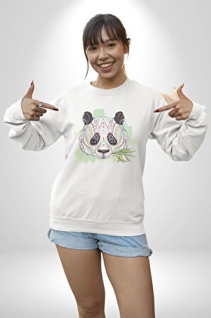 Panda Mandala  Kadın Erkek  Beyaz Baskılı Sweatshirt 