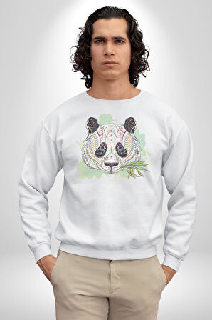 Panda Mandala  Kadın Erkek  Beyaz Baskılı Sweatshirt 