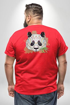 Panda Mandala  Büyük Beden Kırmızı Tişört Kadın Erkek Ünisex Sırt Baskılı