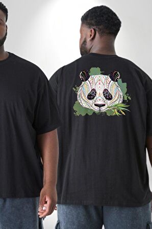 Panda Mandala  Büyük Beden Siyah Tişört Kadın Erkek Ünisex Sırt Baskılı