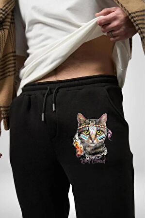 Red Cloud Kedi Hintli Pamuklu 3 İplik Siyah Eşofman Altı Erkek Oversize Kesim Dijital Baskılı