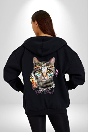 Red Cloud Kedi Hintli Kadın Erkek Siyah Renk Kapüşonlu Kanguru Cepli  Fermuarlı Pamuklu Oversize Dijital Baskılı Hırka Sweatshirt