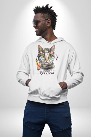 Red Cloud Kedi Hintli Kadın Erkek  Beyaz Kapüşonlu Sweatshirt Hoodie