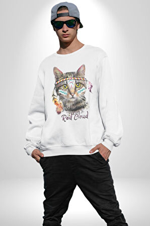 Red Cloud Kedi Hintli Kadın Erkek  Beyaz Baskılı Sweatshirt 