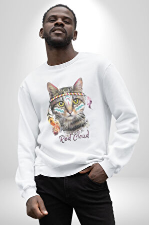 Red Cloud Kedi Hintli Kadın Erkek  Beyaz Baskılı Sweatshirt 