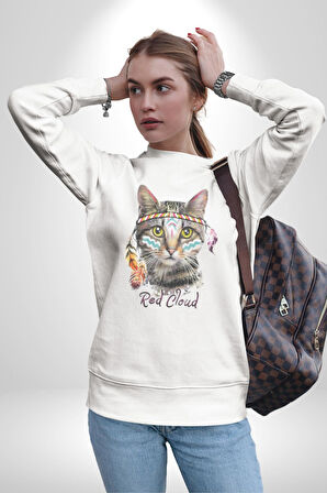 Red Cloud Kedi Hintli Kadın Erkek  Beyaz Baskılı Sweatshirt 