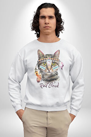 Red Cloud Kedi Hintli Kadın Erkek  Beyaz Baskılı Sweatshirt 