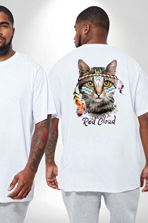 Red Cloud Kedi Hintli Büyük Beden Beyaz Tişört Kadın Erkek Ünisex Sırt Baskılı