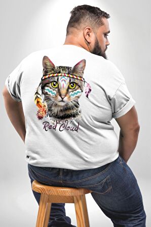 Red Cloud Kedi Hintli Büyük Beden Beyaz Tişört Kadın Erkek Ünisex Sırt Baskılı