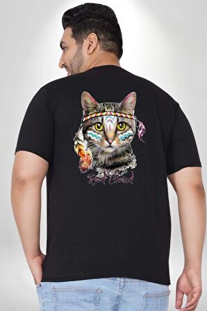 Red Cloud Kedi Hintli Büyük Beden Siyah Tişört Kadın Erkek Ünisex Sırt Baskılı