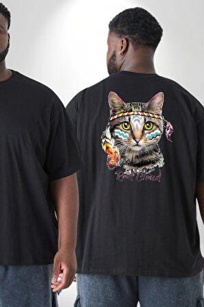 Red Cloud Kedi Hintli Büyük Beden Siyah Tişört Kadın Erkek Ünisex Sırt Baskılı