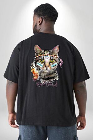 Red Cloud Kedi Hintli Büyük Beden Siyah Tişört Kadın Erkek Ünisex Sırt Baskılı