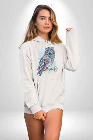 Anahtar Baykuş Tuval   Kadın Erkek  Beyaz Kapüşonlu Sweatshirt Hoodie
