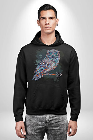 Anahtar Baykuş Tuval   Kadın Erkek  Siyah Kapüşonlu Sweatshirt Hoodie