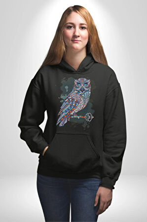 Anahtar Baykuş Tuval   Kadın Erkek  Siyah Kapüşonlu Sweatshirt Hoodie
