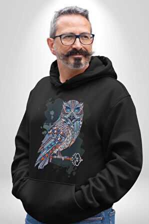 Anahtar Baykuş Tuval   Kadın Erkek  Siyah Kapüşonlu Sweatshirt Hoodie