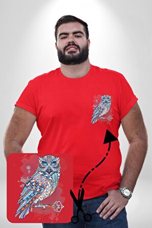 Anahtar Baykuş Tuval   Kırmızı Büyük Beden Kadın Basic Minimal Baskılı Tişört