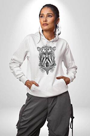 Yarım İnsan Yarım Leopar Mutant Leopar Kral Kadın Erkek  Beyaz Kapüşonlu Sweatshirt Hoodie