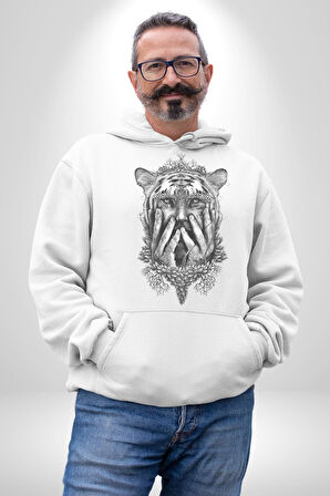 Yarım İnsan Yarım Leopar Mutant Leopar Kral Kadın Erkek  Beyaz Kapüşonlu Sweatshirt Hoodie