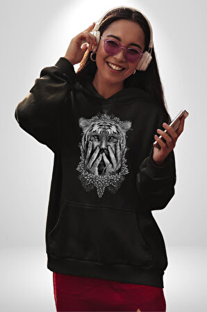 Yarım İnsan Yarım Leopar Mutant Leopar Kral Kadın Erkek  Siyah Kapüşonlu Sweatshirt Hoodie