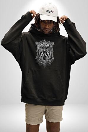 Yarım İnsan Yarım Leopar Mutant Leopar Kral Kadın Erkek  Siyah Kapüşonlu Sweatshirt Hoodie
